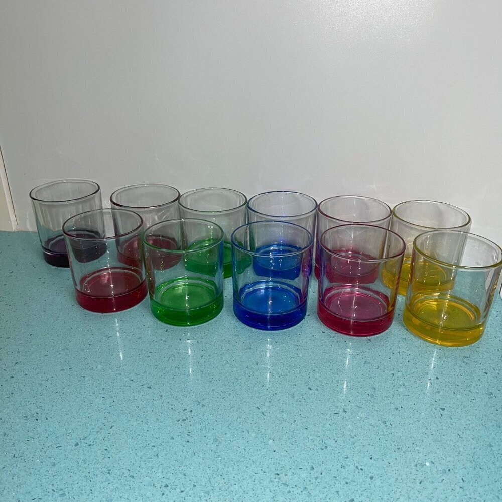 Vintage Glasses Set of 11 Colorful Bottoms Low Ball Rocks